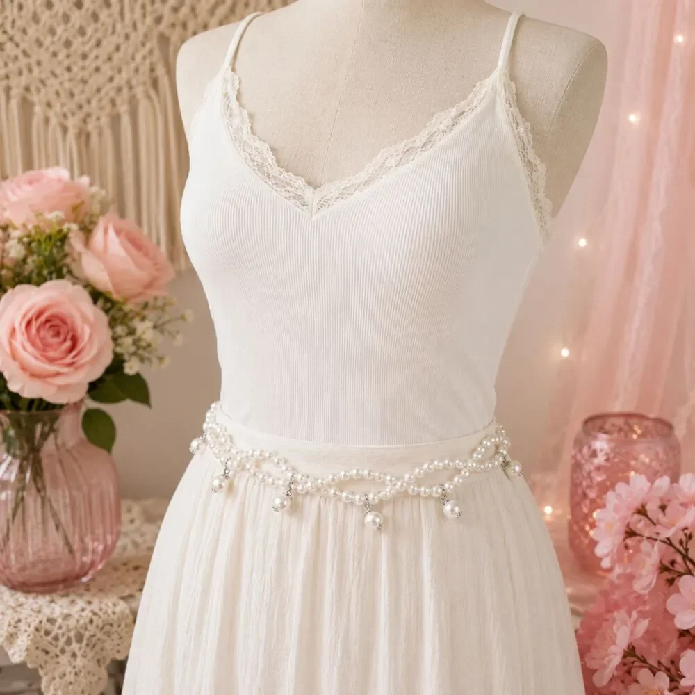 White Faux Pearl Criss Cross Chain Belt Rhinestone Accents Adjustable 40